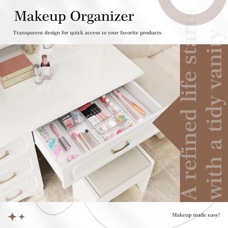 Criusia 14 PCS Clear Plastic Drawer Organizer Set - 5 Large Size Versatile Kitchen and Bathroom Organizer Trays, Non-Slip Storage Bins for Makeup, Utensils, Tool and Office Desk - Image 5